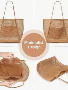 [Beach Bag] Large Capacity Beach Travel Bag | Women's Shoulder Bag, Women's Shopping Tote Bag, Beach Mesh Tote Bag, Women's Foldable Shoulder Bag, Travel Bag Beach Nylon Mesh Tote Bag, Casual Tote Bag Hobo Women's Foldable Shoulder Bag, Mesh Beach Tote Bag Large Size Women's Bag Upgraded Version, With Multiple Pockets, Suitable For Beach Picnic Vacation, Large Capacity Waterproof Beach Bag - Khaki - View 6