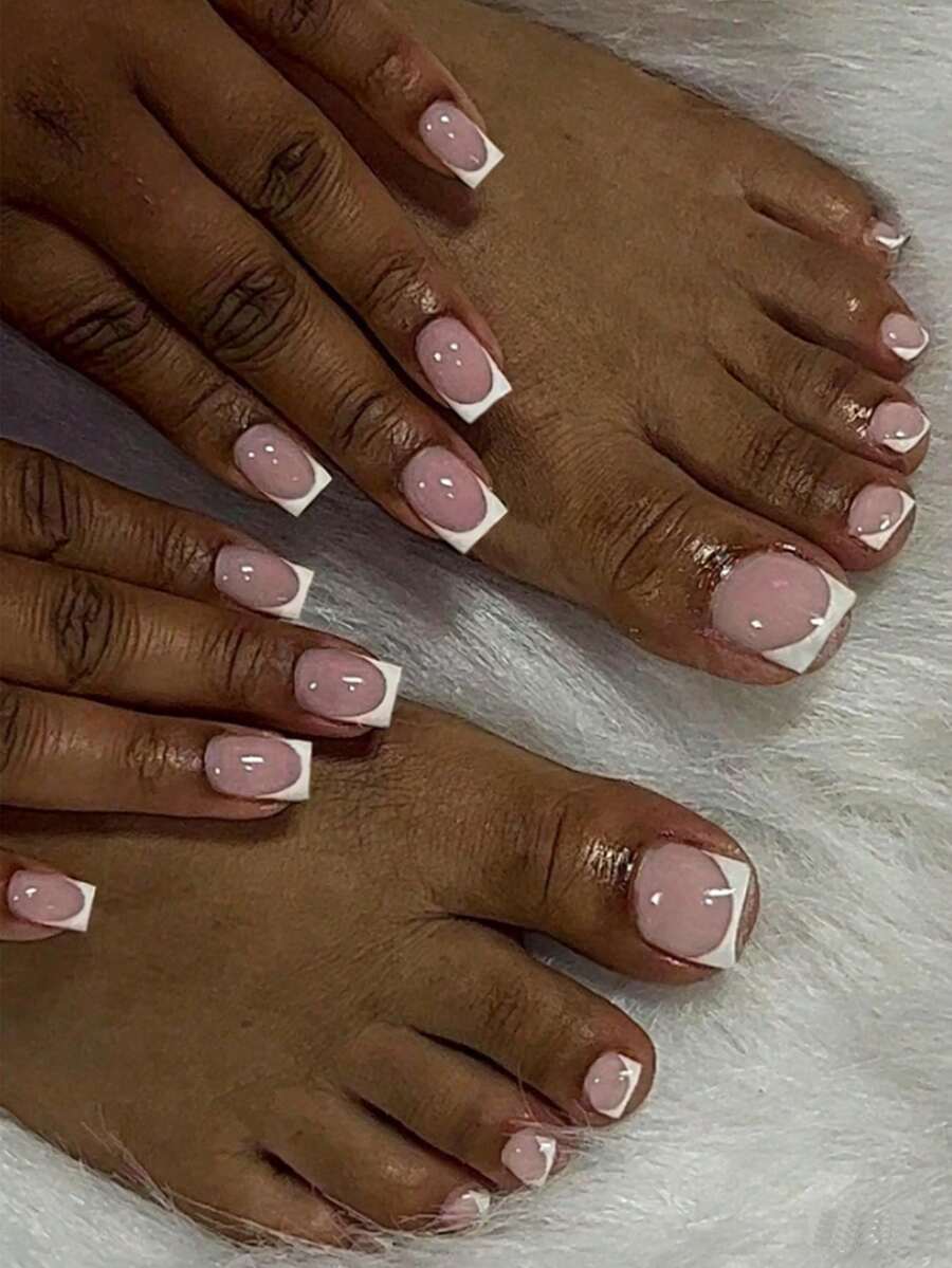 48 Pieces / 2 Sets Of Artificial Fingernails And Toenails Combined In A French-Style Square Acrylic Pressing Type Fashionable And Simple Artificial Fingernails, Suitable For Women And Girls To Wear As Daily Manicure Supplies