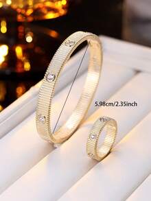 1 Set Minimalist Striped Micro-Inlaid Zirconia Bracelet & Ring Set, Luxury Niche Design Delicate Jewelry Accessories - Bracelet Ring Set - View 3
