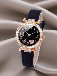 6pcs/Set Women's Luxury Niche Diamond-Studded Dial Quartz Watch, PU Leather Strap Bracelet Jewelry Set - Fireworks - View 2