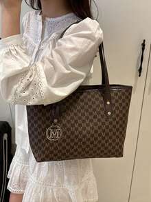 New Lightweight Tote Bag For Women With Rivet Decor, Large Capacity Suitable For Commuting, Shopping, Office, University - Coffee Brown - View 6