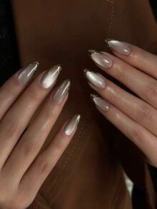 10pcs Handmade Almond-Shaped Metal Edged Nail Stickers, French Manicure Design, Champagne Cat Eye Effect. Minimalist Multi-Purpose Design, Fashionable And Elegant, Suitable For Any Occasion. Nail System, Easy To Wear And Remove. - Gold - View 2