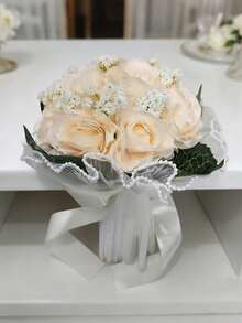 1 Peça Buquê de Rosas Artificiais de Champanhe - Flor Elegante para Noiva com Detalhes em Renda e Pérolas - Champanhe - Visão 2