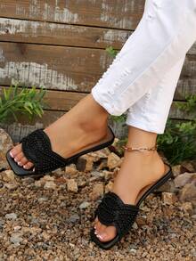 Sandal đế bằng mũi vuông đính pha lê kiểu Pháp mới năm 2025, thanh lịch, phù hợp với váy, mùa xuân/hè/thu. - màu đen - Xem 5