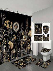1/4pcs Bohemian Vintage Floral Black Gold Shower Curtain Set, Made Of Polyester Fabric, Waterproof, With Hooks, Machine Washable, Farmhouse Style Bathroom Curtain & Rug, Waterproof Polyester Shower Curtain, Non-Slip Bath Mat, U-Shaped Toilet Rug With 12 Hooks - Modern Style, Suitable For Home Decor, Bathroom Decor And Accessories, Easy To Clean And Maintain, Elegant Housewarming Gift - Fit For All Seasons - A - View 21