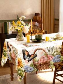 1pc Vintage Floral Tablecloth With Lace Trim, Watercolor Butterfly, Hydrangea, Sunflower And Vintage Truck Print, Waterproof And Stain-Resistant Polyester Tablecloth, Washable For Restaurant Decor, Suitable For Kitchen, Living Room, Spring Home And Mother's Day Party - Multicolor - View 35