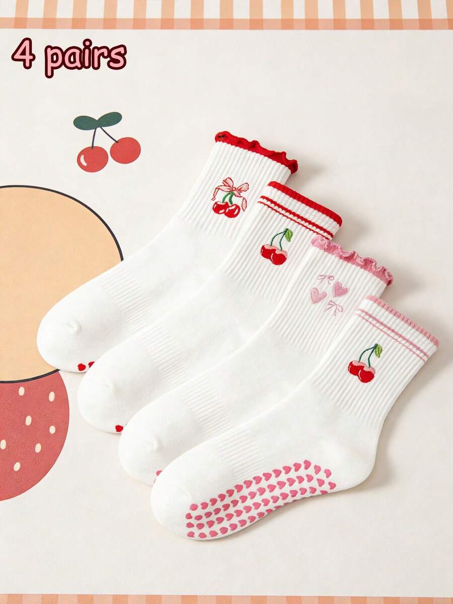 4 Pairs Women's Pilates Grip Socks, Cute Ruffle Design, Heart-Shaped Non-Slip Dots, Suitable For Yoga, Fitness, Hospital - Multicolor - View 1