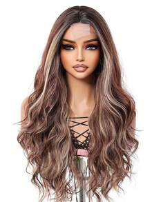 26 Inch Long Straight U-Part Seamless Bangs Synthetic Wig, Brown Mixed With White Natural Middle Part Wig, Shiny Golden Hair - Brown Highlight - View 4