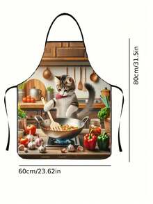 1pc Cartoon Cooking Cat Apron, Casual Style, 100% Polyester, Non-Stretch Fabric, Woven, 150g/M², Tie Back Detail, Loose Fit, All-Season Kitchen Apron For Men And Women - 60*80cm - View 9