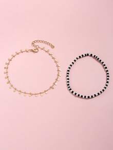 2件套波西米亚风串珠金盘吊坠多层脚链，女士夏季沙滩饰品 - 黑與白 - 查看 2