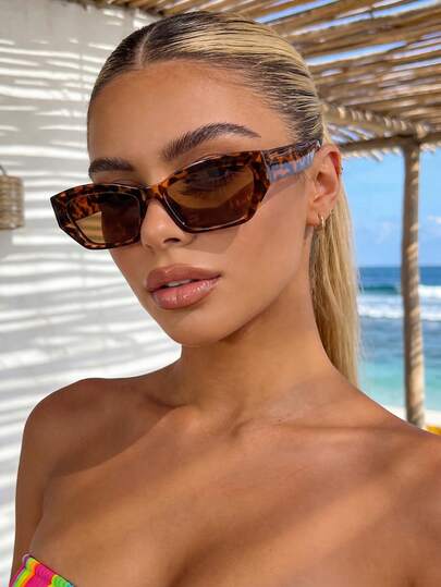 Leopard Print Sunglasses, Retro Rectangular Plastic Fashion Glasses, Classic Style For Outdoor Travel Beach Vacation Casual Wear, Summer UV Protection Driving Sunglasses Unisex