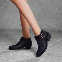 Athlefit Women's Chunky Low Heel Ankle Boots Classic Pointed Toe Side Zipper Booties - 黑色 - 查看 3