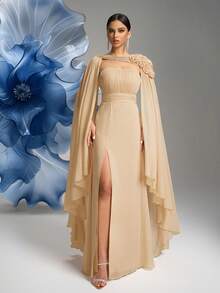 SUPGIR Sleeveless Halter Dress With Luxurious Sequins Fabric Rose Shawl, Evening Gown - Champagne - View 1