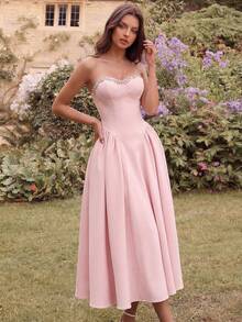 优雅奢华手工串珠心形领高腰露背系带A字中长款派对礼服，适合舞会、生日派对、正式晚宴、约会、返校节、婚礼宾客、正式晚宴、家庭聚会等多种场合。 - 淺粉色 - 查看 6