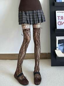1双黑色/白色/咖啡色/灰色/紫色系带镂空蝴蝶结渔网袜，Y2K风格，春夏款 - 彩色 - 查看 15