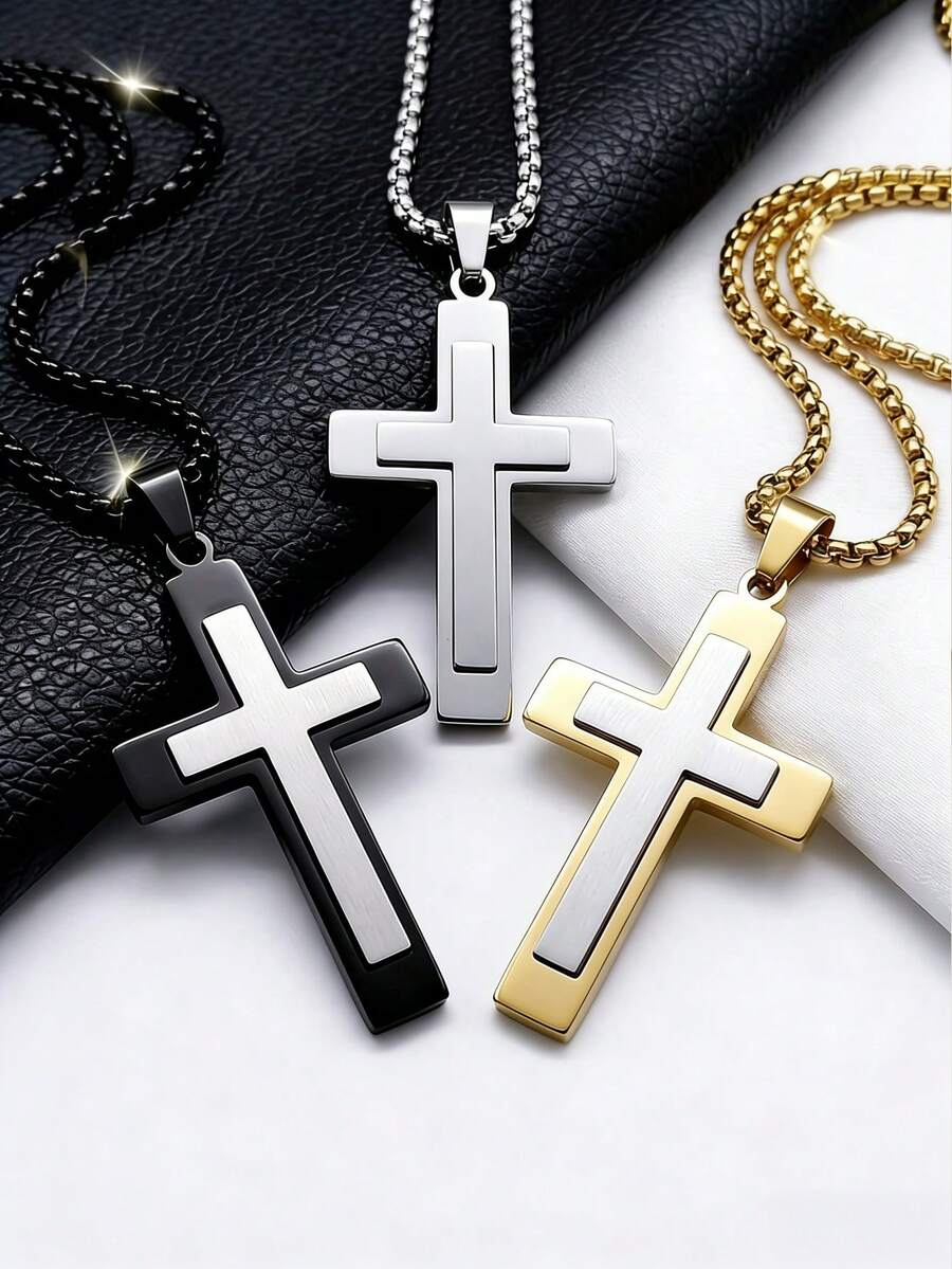 1件装男士叠戴十字架吊坠项链，银色、金色、黑色信仰吊坠套装，哥特朋克男士饰品，可叠戴街头风配饰 - 黑色+銀色 - 查看 1