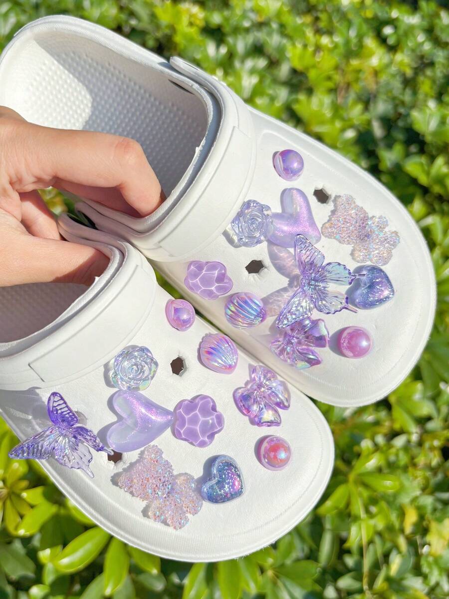 20 piezas Decoraciones de zapato con mariposas moradas y osos morados, accesorios de zapato desmontables, flores de zapato DIY, elegantes y de moda, adecuados para sandalias y pantuflas perforadas, excelentes para regalos de vacaciones