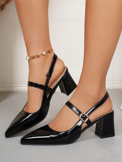 Women's Square Toe Chunky Heel Sandals, Leather Upper Slip-On Casual High Heel Shoes