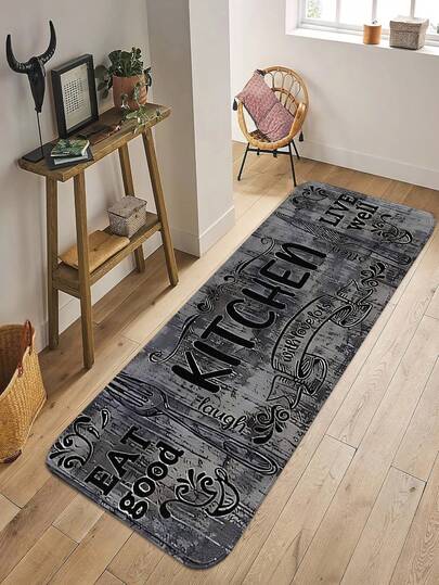 1 قطعة سجادة مطبوعة بحرف وبنمط الخشب الرمادي للمطبخ، سجادة أرضية من الفلانيل البوليستر مانعة للانزلاق، سجادة باب قابلة للطي، سجادة حمام ناعمة وصديقة للبشرة وماصة، مناسبة للاستخدام الداخلي/الخارجي في المدخل وغرفة الغسيل والحمام