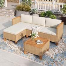 HERA'S HOUSE Small Patio Furniture Set 3 Pieces Wicker Outdoor Sectional Sets Yellow Rattan Conversation Set With Sofa And Coffee Table For Garden And Backyard L Shape Boho Balcony Couch Sets - 6 SEATS SECTIONAL - View 8