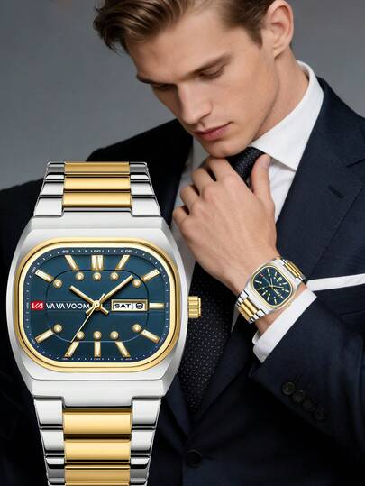  VA VA VOOM New Original Men's Watch Stainless Steel Strap Quartz Watch Rectangular Rounded Case 2.4cm Strap Width Calendar+Week Window Dual Function, Elegant Business Men's Watch-Suitable For Holiday Gift Giving - Father/Brother/Family
