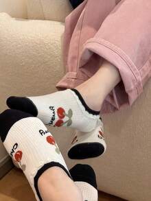 5 Pairs Women's Boat Socks, Non-Slip Boat Socks, Shallow Mouth Ruffle Design, Breathable Thin Socks For Spring/Summer, Cherry Stripe Socks, Black & White Contrast Versatile Invisible Socks - Multicolor - View 8