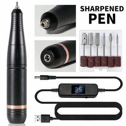 便携式USB电动美甲打磨笔，10W高速，配备6种不同磨头，正反转功能，低噪音，适用于美甲美足。适合女性美甲沙龙使用，也是母亲节、万圣节、圣诞节和情人节的理想礼物之选。