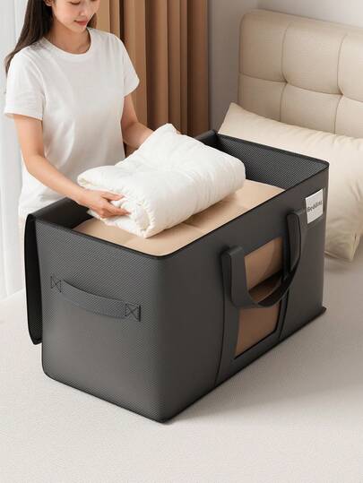 1PC Extra Large Bedding Storage Bag, Non-Woven Fabric Organizer With Sturdy Handles, Transparent Window & Label Pocket, Waterproof Dustproof Container For Quilts, Comforters & Seasonal Clothes, Ideal For Closet & Bedroom Organization