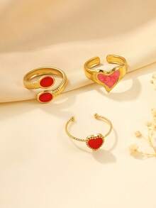 Set de 3 anillos abiertos de acero inoxidable de color dorado vintage, con gota de aceite rojo, adecuado para uso diario de mujeres o como regalo - Amarillo Oro - Ver 3