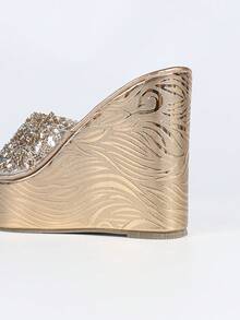 Women's Wedge Sandals, Thick Sole, Rhinestone Decor, Plus Size Fashion Slippers - Champagne - View 10