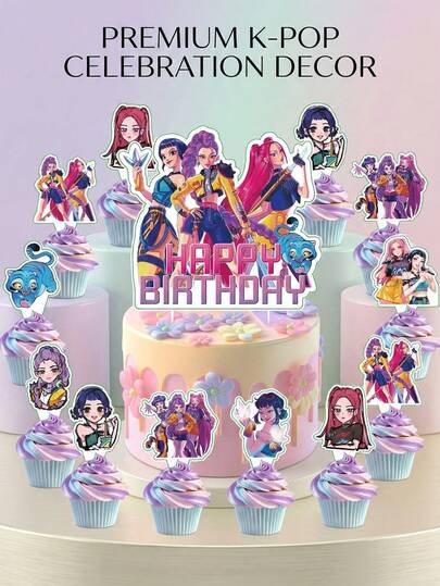 25 piezas Decoraciones para cupcakes de Cumpleaños, Suministros para Fiesta de Idol Virtual de Anime Chica Y2K, Decoración Premium para Mesa de Postres, Accesorios de Foto de Cosplay para Concierto y After Party