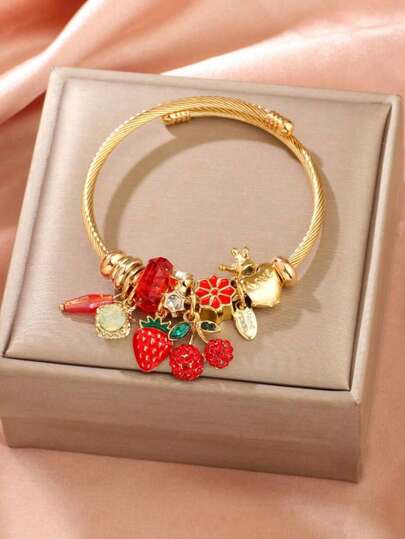 1pc Women's Gold Strawberry, Cherry, Crown, Heart Beaded Adjustable Daily Wear Bracelet, Stainless Steel Bangle, Valentine's Day/Mother's Day Gift