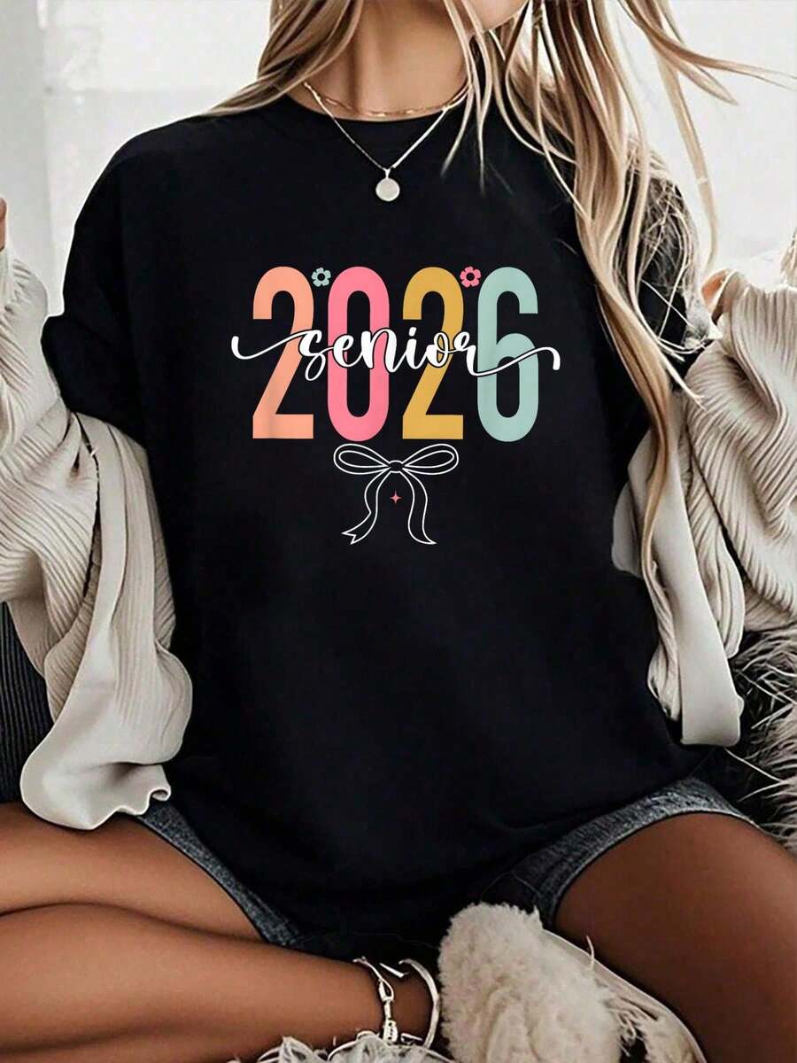 Camiseta 100% Algodón Unisex, Clases de Graduación Senior 2026, Estilo Vintage Retro, Corte Casual Holgado, Ropa Urbana, Top de Moda de Verano - Negro - Ver 1