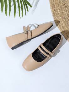 New French Breeze Flat Mary Jane Shoes, Square Toe Slip-On With Double Straps For Women - Beige - View 5