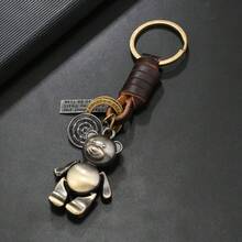 1 Piece European And American New Style Fashion Creative Keychain, Small Gift For Men And Women, Alloy Bronze Bear, Retro Woven PU Leather Pendant - 款式一 - 查看 6