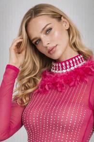 Women's Midi Sheath Dress, Sheer Top With Vertical Rhinestone Tulle, Long Sleeves, Glamorous Feathered Collar – Ideal For Chic Evenings, Cocktails, Clubs, Bars, Galas - Màu Hồng Tươi - Xem 5