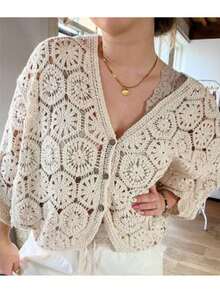 Crocheted Kimono, Excellent Quality And With A Perfect Fit. 15 - 米色 - 查看 2