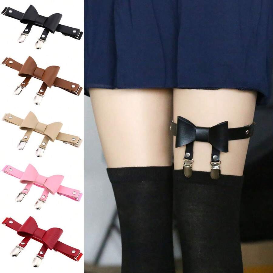 A Punk Street Dance Bowknot Metal Double Duckbill Leather Garter Belt, Boot Strap, Elastic Foot Accessory, Anti-Slip Sock Strap - Màu tím - Xem 1