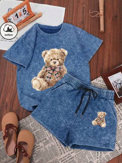 Conjunto de camiseta y pantalones cortos con estampado de copos de nieve, pantalones cortos de unicolor con cordón en la cintura y bolsillos, adecuado para la playa, fiestas y ocasiones casuales con estampado de oso