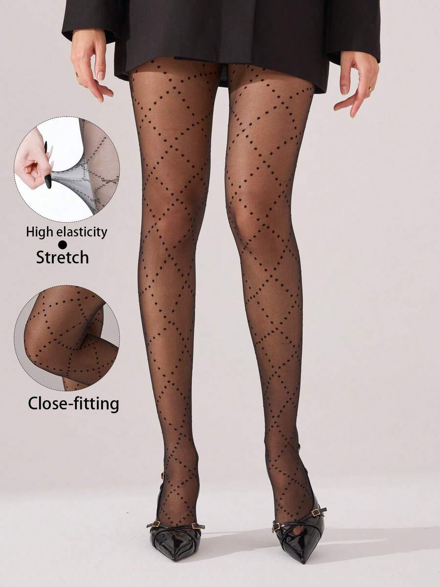 Women Sheer Tights, Black Diamond Grid Polka Dot Patterned Pantyhose ...