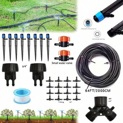 Hệ thống tưới nhỏ giọt sân vườn sử dụng vòi phun màu xanh xoay 360 độ được thiết kế đặc biệt cho ống dẫn nước 4/7mm. Thiết bị tưới này bao gồm một ống dẫn nước dài 787,4 inch và nhiều phụ kiện khác.