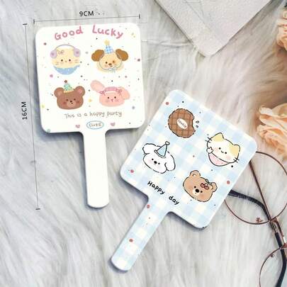 مرآة مدمجة بمقبض بنمط المربعات المتداخلة، مرآة مكياج محمولة بتصميم كرتوني، مرآة تجميل عالية الجودة للطلاب