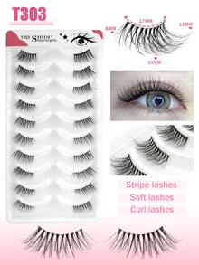 SHIDISHANGPIN 10对透明杆假睫毛，3D手工仿貂毛半眼睫毛，纤细柔软交叉卷翘延长款，适合小眼睛女孩日常及派对妆容 - 黑色 - 查看 4