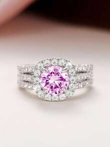 1pc Women's Ring Inlaid With Cubic Zirconia, Suitable For Wedding Anniversary, Party, Valentine's Day And Other Occasions - Pink - View 18