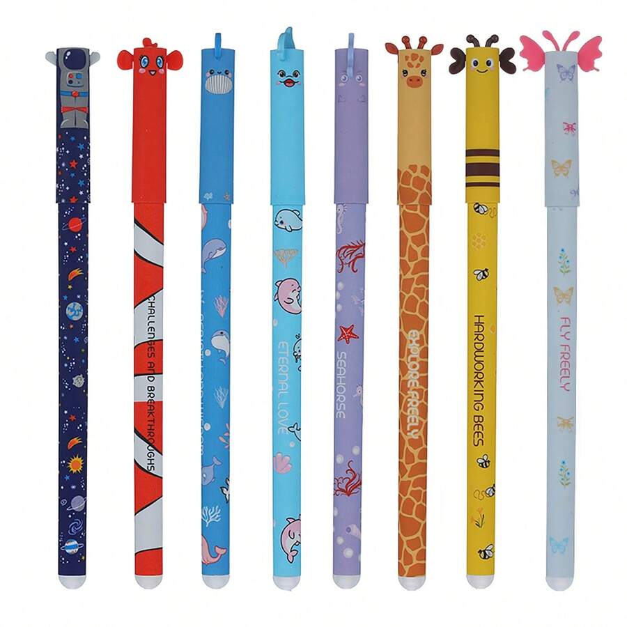 8pcs Erasable Gel Pens, Multiple Ink Colors And Barrel Designs, 0.5mm Tip, Assorted Animal Patterns, Ideal For Children's Party Favors, Back To School Supplies, Fun Stationery, Birthday Gifts