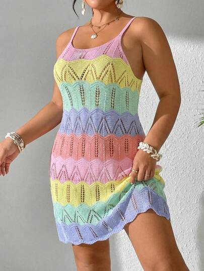 Women's Summer Bohemian Beach Vacation Outfit, Rainbow Color Block Hollow Out Knitted Sleeveless Plus Size Crochet Cover Up, Slip Dress & Skirt