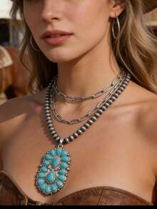 1pc Western Cowgirl Style Layered Necklace, Alloy Inlaid Turquoise Pendant, Suitable For Daily Wear And Parties - Turquoise Necklace - View 3
