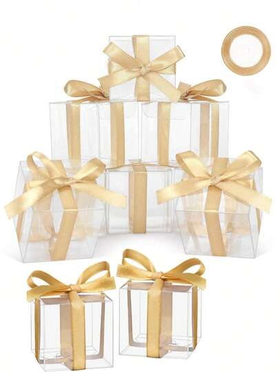 50/20pcs Transparent Gift Boxes With Gold Ribbon, Suitable For Weddings, Baby Showers, Bridal Showers And Other Occasions. Transparent Plastic Gift Boxes With Gold Ribbon For Gift Packaging, Party Favors, Small Business Appreciation Gifts, Wedding Favors, Birthday Decorations