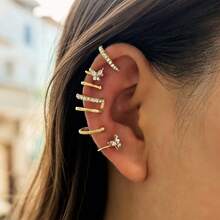 Minimalist Lines With Diamond Studded Ear Bone Clip, Personalized Double-Layer U-Shaped Ear Hole Free, Hot Selling Ear Clip Earrings, Women's Ear Accessories - 金色6件耳夾套裝 - 查看 7