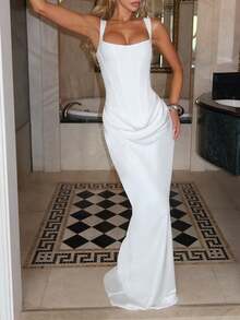 Cornelia 女士性感吊带修身长裙，夏季缎面褶皱连衣裙，后背系带，优雅适合生日派对、鸡尾酒会 - 白色 - 查看 7